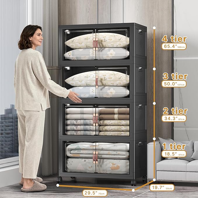 UAMFURI Stackable Storage Bins, 700QT Collapsible Drawers with 1 Lid | Large Capacity, Magnetic Door, Stack Lock, Rolling Wheels, Foldable Design, Organizers and Storage for Bedroom Dorm Garage