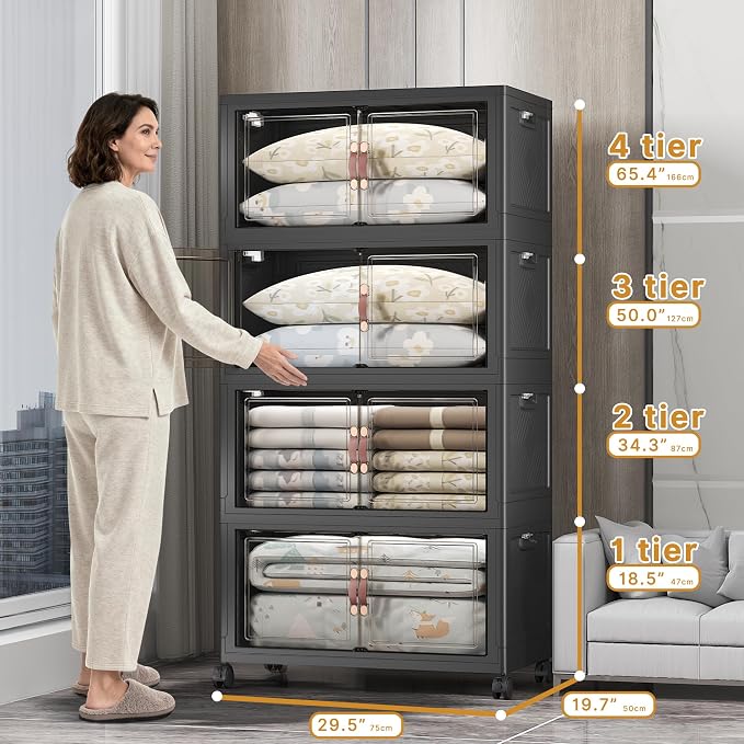 UAMFURI Stackable Storage Bins, 1440QT Collapsible Drawers with 2 Lids | Large Capacity, Magnetic Door, Stack Lock, Rolling Wheels, Foldable Design, Organizers and Storage for Bedroom Dorm Garage