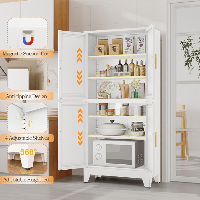 GAIOUS 75.2" Tall Metal Pantry Cabinet, Kitchen Pantry Storage Cabinets with 4 Door and 4 Adjustable Shelves, White Storage Cabinet, Freestanding Cupboard for Kitchen Dining Room Living Room Bathroom