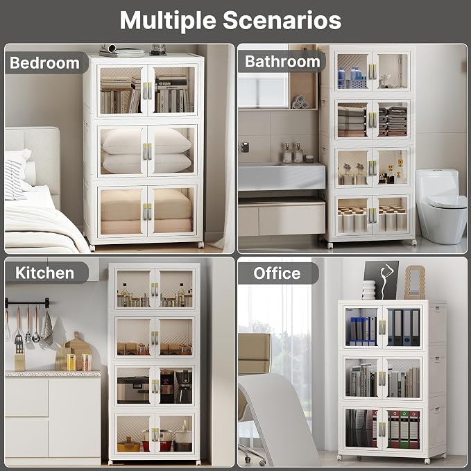 Stackable Storage Bins with Lids, 480QT Extra Large Storage Cabinet | Clear Doors, Foldable Storage Drawers, Heavy Duty, Collapsible Closet Organizers for Bedroom Office (4, White, 120, Quarts)