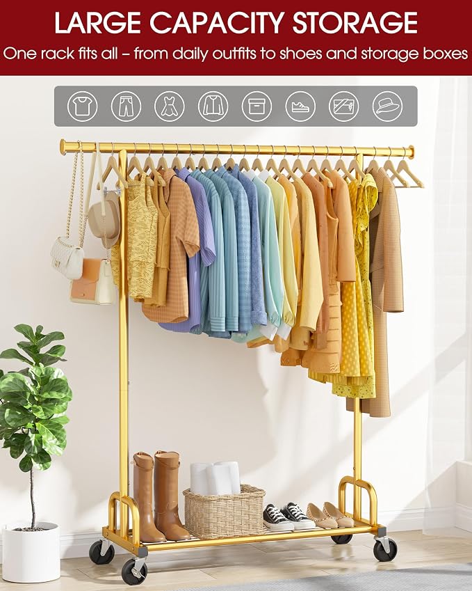 Sakugi Clothes Rack - Large-Capacity Clothing Racks for Hanging Clothes with Lockable Wheels, Space-Saving Metal Coat Rack for Bedroom, Laundry Room, Entryway, 45.6" x 16.9" x 59", Gold