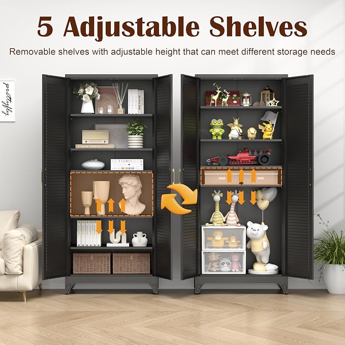 SteeLoong 75" Metal Storage Cabinet with Doors and 5 Adjustable Shelves | Kitchen Pantry Cabinet,Black Tall Freestanding Cupboard with Gold Handle,Steel Garage Cabinets for Tool,Office,Kitchen,School
