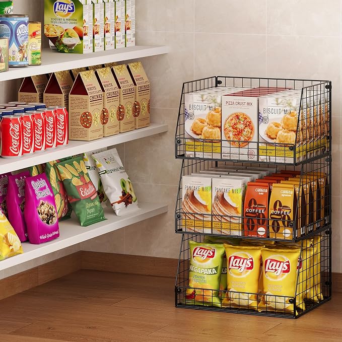 Jakyitvi 3 Pack XXL Stackable Wire Baskets, Large Storage Bins for Onion, Potato, Vegetable, Fruit, Snack, Pantry Baskets for Kitchen Cabinet Countertop, Pantry Organizers and Storage Solutions