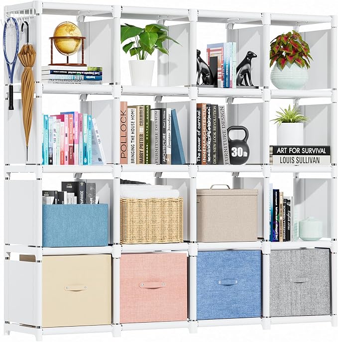 Mavivegue 16 Cube Storage Organizer Book Shelf, Metal Cube Bookshelf, DIY Bookcase, Tall Book Case for Bedroom, Living Room, Office - White