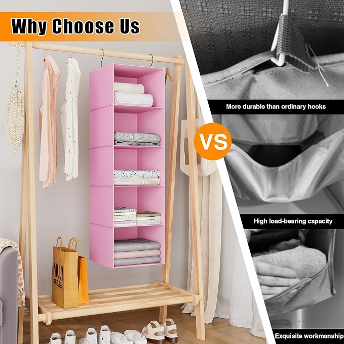 Hanging Closet Organizer 5-Shelf, Oxford Fabric Wardrobe Storage, Pink | Easy-mount foldable design holds clothes, handbags, shoes & accessories; washable Oxford fabric, sturdy and space-saving.