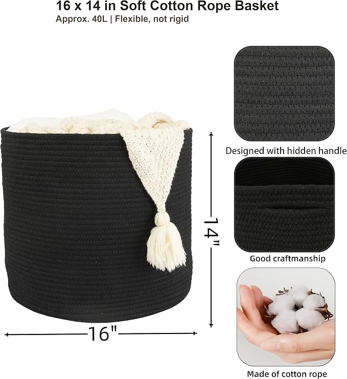 XUANGUO Cotton Rope Basket For Girls Boys Kids 16”X14” Black | Baby Laundry Baskets, Blanket Basket, Nursery Bin; Round Woven Basket Organizer for Toy Storage, Blankets, Shoes and Clothes