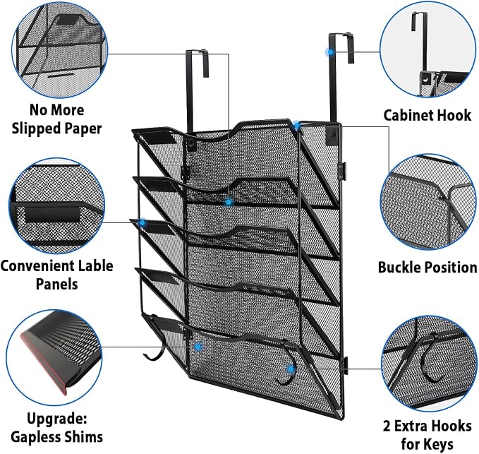 BOHDK Wall File Organizer 5 Pockets, Mail Organizer, Hanging Folder Holder, Foldable | Hanging or Wall Mounted | Label Panel | 2 Hooks | Office Home School Organizer, Black