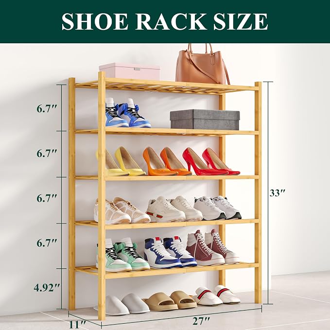 Smiry Bamboo Shoe Rack, 12 Vertical Slats, 5 Tier - 26.8" Wide, Natural | Stackable Free Standing Wooden Shoe Organizer, Wood Shoe Storage Shelf for Closet, Entryway