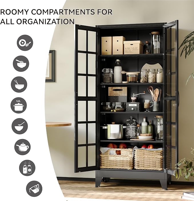 COFaR 71" Black Metal Pantry Cabinet with Glass Doors for Living Room | 5-tier pantry and display cabinet with glass doors and 4 adjustable shelves for kitchen, dining room, living room or office.