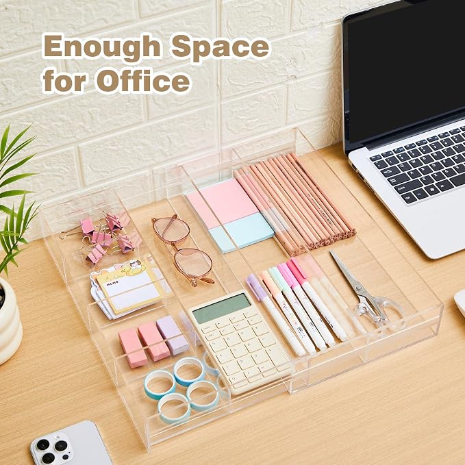 Briwooody Clear Acrylic Drawer Organizer Expandable,7 Compartments,Medium | 9'' up to 18'' x 12'' x 2.1'' Desk Drawer Organizer Trays Adjustable with Desk Accessories for Makeup Office Bathroom