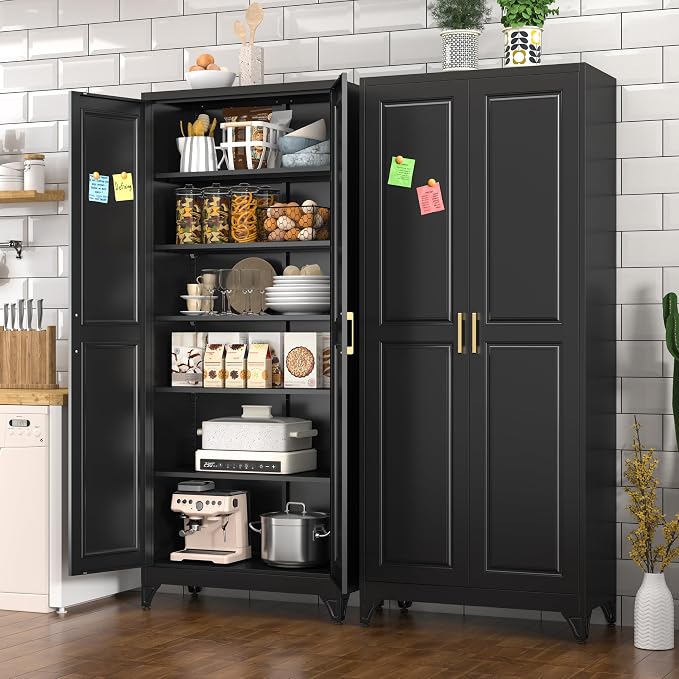 Polup 75" Pantry Cabinet, Tall Metal Storage Cabinet with Doors and Shelves | Black Kitchen Cabinet, 5 Adjustable Shelving, Heavy-Duty Steel, Gold Handles, 4 Standing Feet, for Garage Office & Laundry