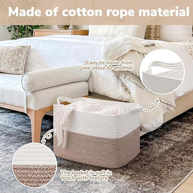 Goodpick 50L Large Woven Basket with Handles, 18" x 14" x 12", Brown | Blankets, Toys & Clothes Storage, Living Room & Bedroom Organization, Decorative Storage Basket, Stylish Rectangle Design