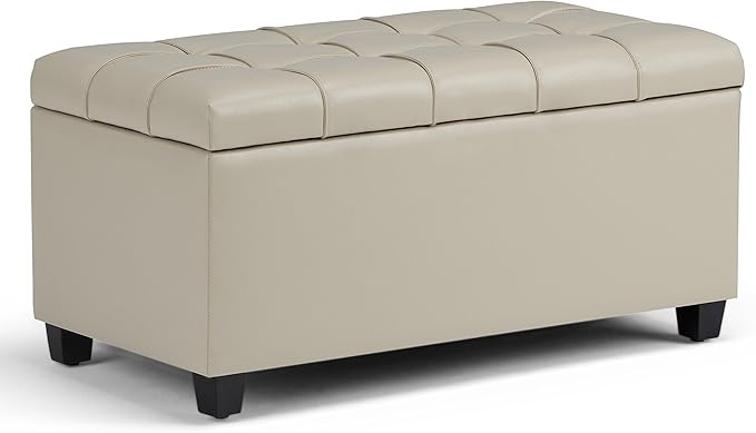 SIMPLIHOME Dover 36" Wide Vegan Leather Square Ottoman in Stone Grey | Transitional ottoman with tufting and lift-up lid; rectangle storage bench for living room or entryway.