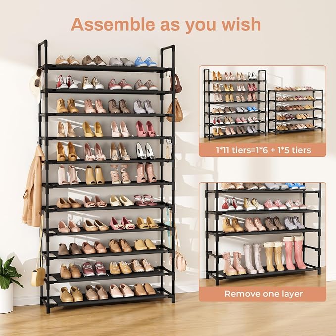 LANTEFUL 11 Tiers Tall Shoe Rack Holds 55 Pairs of Shoes with 18pcs Hooks Sturdy Wide Shoe Organizer Storage Free Standing Metal Shoe Shelf for Closet, Entryway Black