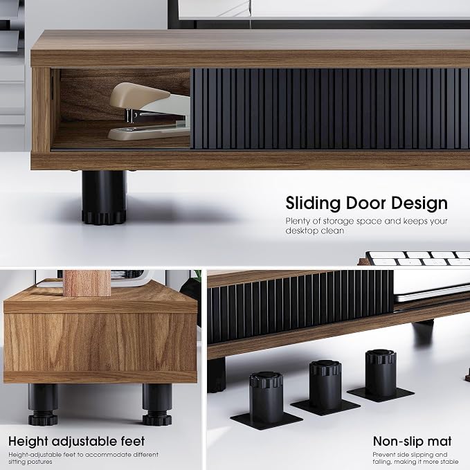 Fenge Dual Monitor Stand with Storage, Desk Shelf with Glass Sliding Door | Ergonomic Height Adjustment, 42.5in Monitor Shelf, 2-Tier Monitor Riser, Desk Organizer for Screen, PC, Laptop, Brown