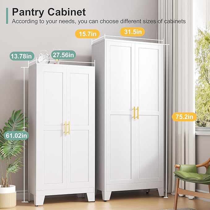 Winiowa Metal Pantry Cabinet with 2 Doors and Adjustable Shelves - 61" Kitchen Storage Cabinet with Gold Handles - Versatile Storage for Kitchen, Bathroom, Dining Room, Utility Room - White