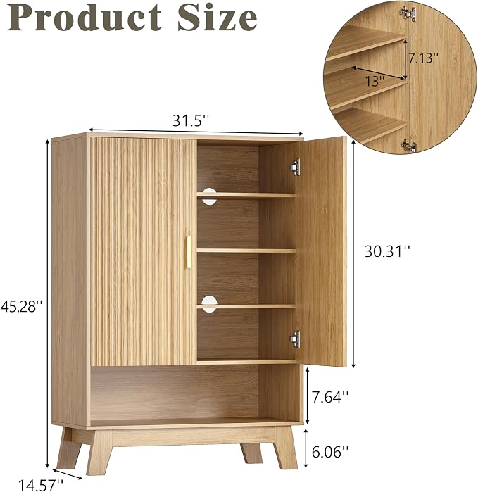 HUANLEGO Shoe Cabinet Storage for Entryway with Doors, Oak | 5 Tier Fluted Shoe Organizer with Adjustable Shelves, Shoe Storage with Wooden Legs, Freestanding Shoe Rack for Entryway