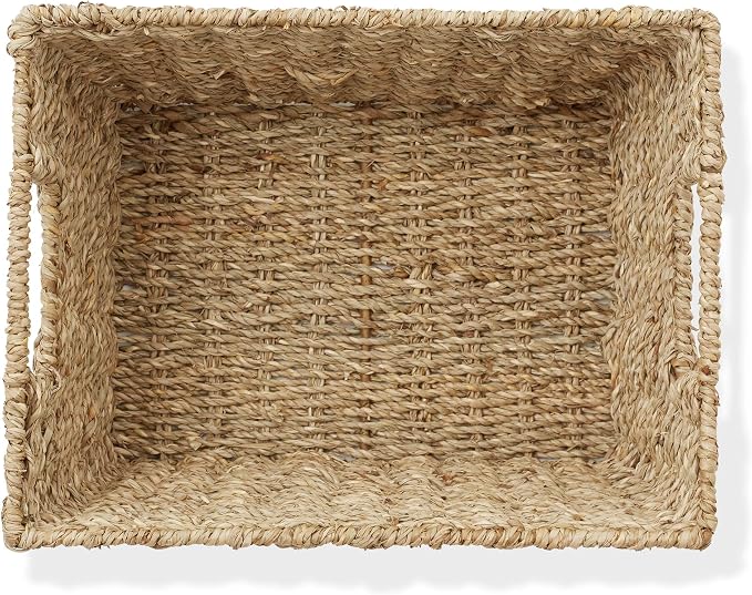 Casafield Set of 4 Seagrass Hyacinth Storage Baskets with Handles - Natural, Woven Storage Bins for Shelves, Blankets, Laundry Organization