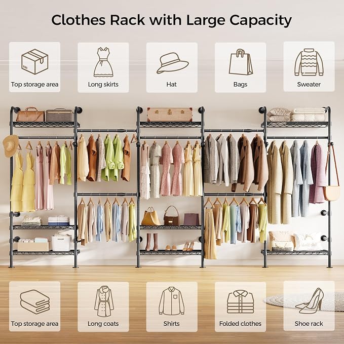 Closet Organizers and Storage, 5-Row Heavy Duty Clothes Rack for Hanging Clothes, Wall Mounted Closet System with 4 Telescopic Rods, 3 Fixed Rods, 6 Hooks, 8 Shelves for Wardrobe, Bedroom, Small Space