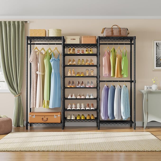 VIPEK S3 Heavy Duty Garment Rack with 8-Tier Shoe Rack, Black | Freestanding Clothes Rack with 3 Hanging Rods, Adjustable Shelves, Large Walk-In Closet Storage Organizer for Bedroom