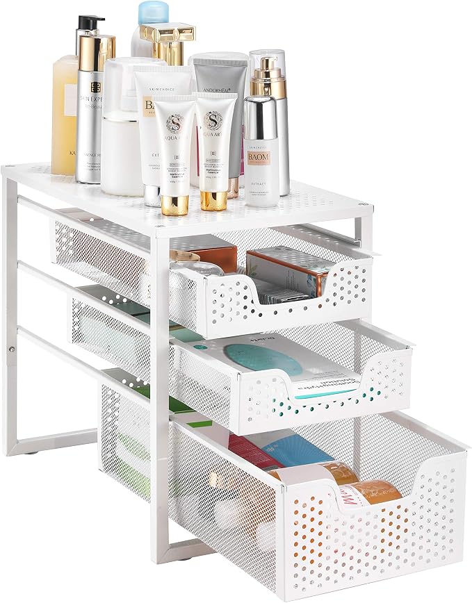 Simple Trending 3-Tier Under Sink Organizer with Sliding Storage Drawer | Metal Cabinet Organizer, Multi-Purpose Desktop Organizer for Kitchen Bathroom Office, Stackbale, Space Saving, White