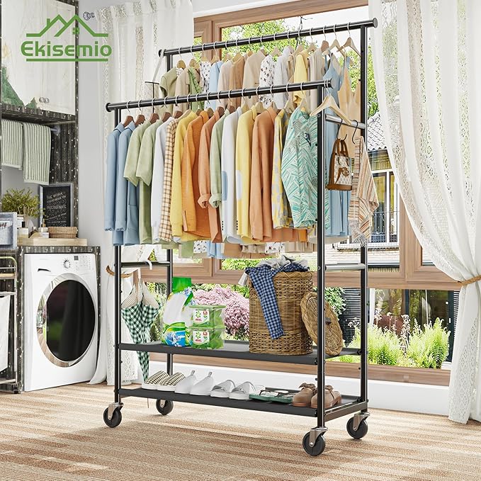 Ekisemio Double Rods Clothes Rack for Hanging Clothes, Rolling Clothing Rack with Wheels, 3-Tier Hanging Rack with Mesh Shelves, Holds 300 LBS for Bedroom, Laundry, Living Room, Black