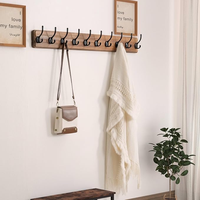 Wall Mounted Coat Rack: 38-1/4" Long, Patented, Heavy-Duty, 10-Double-Hooks Wooden Hanger Rail for Winter Coats, Hat, Jacket, Clothing - Natural & Black