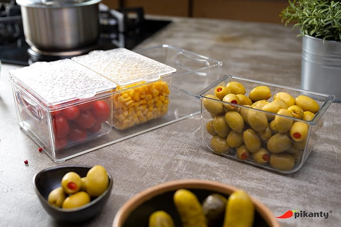 Pikanty Condiment Server Tray with 3 Removable Containers and Lids - Compact Sundae Bar, Taco Night, Dip Tray, Kids Snack Station Organizer with Carry Handles, Dishwasher Safe, Made in USA