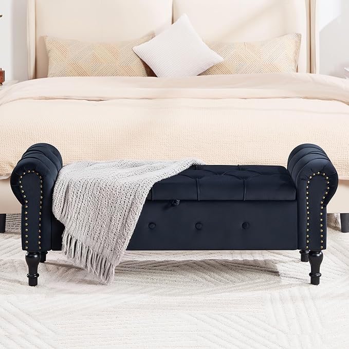 Storage Bench 51" Velvet End of Bed Benches Black | Queen Size Storage Bench for Bedroom with Rolled Arms Tufted Ottoman Benches Upholstered Bench for Living Room Entryway