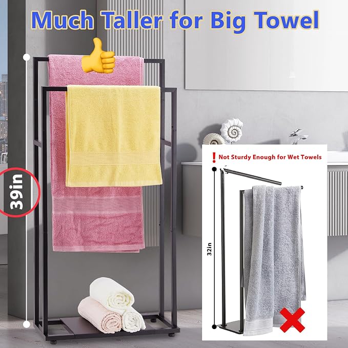 39'' Tall Towel Racks for Bathroom, 2 Tier Towel Rack Stand with Storage Shelves, Free Standing Drying Rack for Outdoor, Black, ALHAKIN