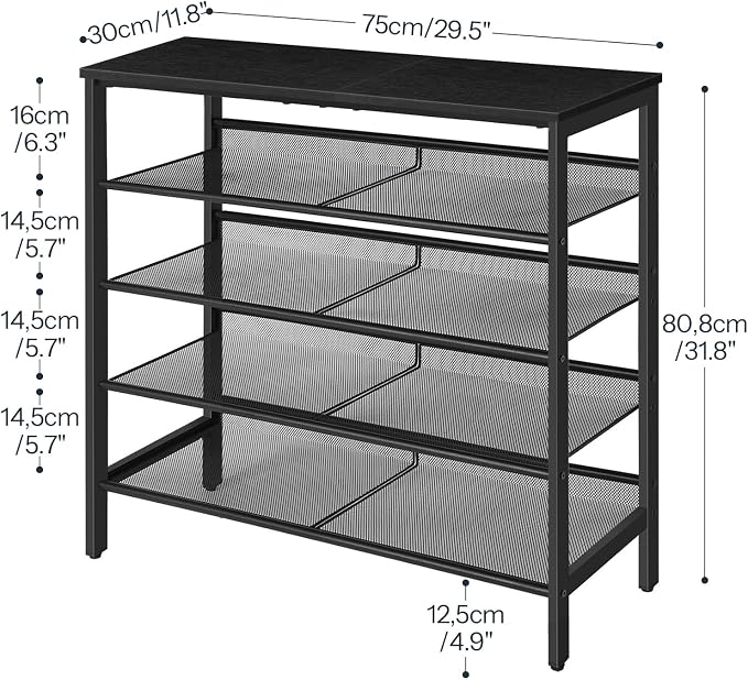 HOOBRO Shoe Rack for Entryway, 5-Tier Shoe Organizer with Adjustable Mesh Shelves, 12-16 Pairs of Shoes, Spacious Floor Mount, Metal, Industrial, Shoe Shelf for Closet, Black BB12XJ01