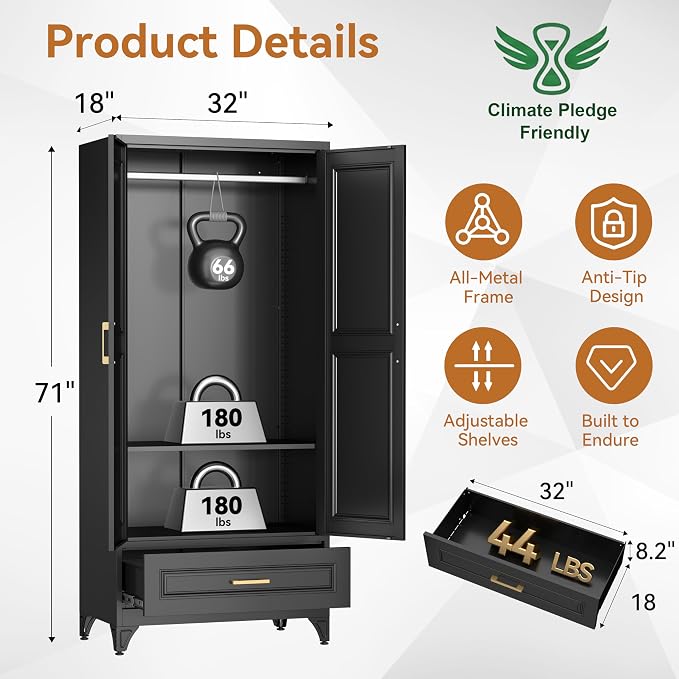 Polup 71" Black Metal Armoire Wardrobe Closet with Doors and 1 Drawer | Heavy Duty Steel Clothing Storage Cabinet, 180lbs Adjustable Shelves, Hanging Rod, for Office, Bedroom, Garage, Laundry