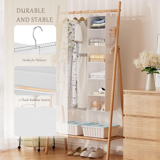 Hanging Closet Organizer and Storage with Bamboo Support, 6-Shelf Closet Hanging Storage Shelves, Closet Organizers Easy Mount Foldable for Bedroom