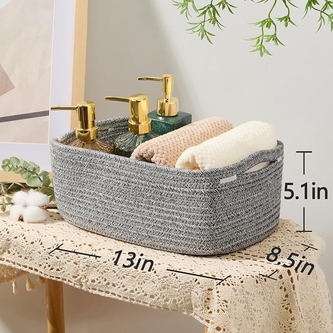 MiniArk Small Storage Baskets for Organizing | Closet Organizer Bins | Shelf Toy Basket | Woven Rope Baskets | Cube Decorative Box | Shallow Basket | 13x8.5x5.1” | 3 Packs Mixed Grey