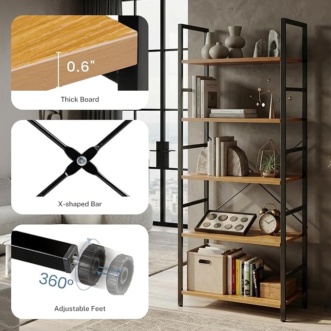 HealSmart 5 Tier Bookshelf, Free Standing Book Shelf Home Office Bookcase Shelf Storage Organizer for Bedroom, Bathroom, Living Room, Office, Balcony, Wood