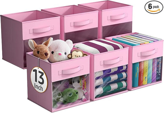 Sorbus 13 Inch Storage Bins with Clear Window - 6 Foldable Baskets for Organizing Clothes, Toys, Books - Sturdy Collapsible Fabric Storage Cubes with Handle - Storage Baskets for Shelves, Closets