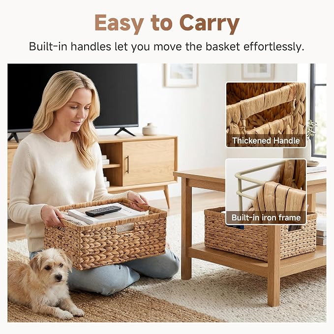 StorageWorks Extra Large Wicker Baskets for Organizing, Water Hyacinth Storage Basket with Built-in Handles, 1 Pack