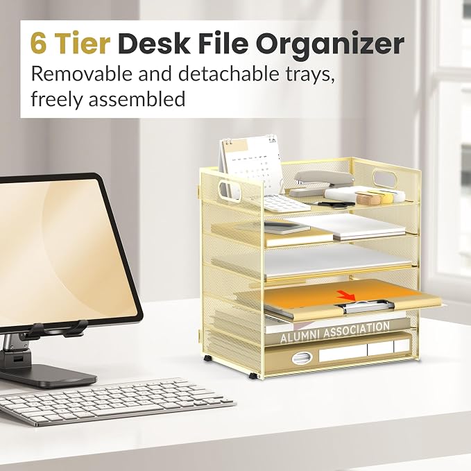 Daltack 6-Tier Paper Organizer for Desk with Handle, Gold | Sturdy Metal Mesh Organizer with Movable Middle Trays and a Carry Handle for Papers, Folders and Office Supplies
