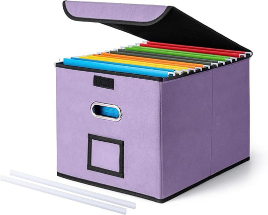 CADONO File Organizer Box with Lid (Light Purple, 14.9 x 12.59 x 10.8 inch) | Large Hanging File Folder Organizer with Plastic Slide, Collapsible Portable Filing Storage Boxes for Office/Decor/Home