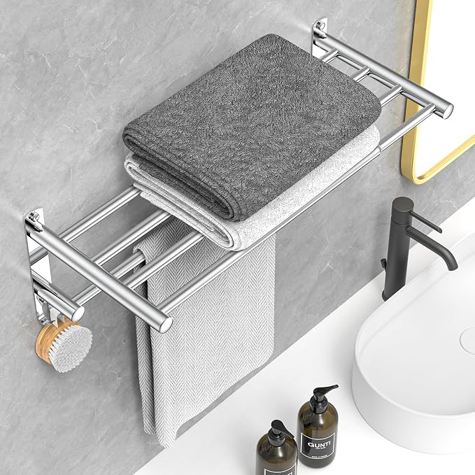 CAXIMSY Adjustable Towel Bar for Bathroom Wall Mount17-30.7inch Adhesive Shower Towel Rack Stainless Steel Bath Towel Holders for Toilet Kitchen Double Towel Hanger (2-Layer Towel Rack)
