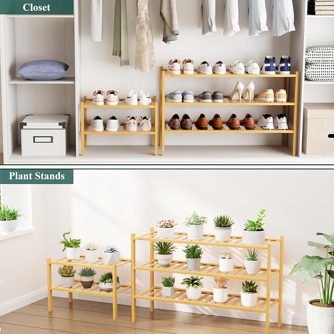 Smiry Bamboo Shoe Rack, 12 Vertical Slats, 3 Tier - 17.3" Wide, Natural | Stackable Free Standing Wooden Shoe Organizer, Wood Shoe Storage Shelf for Closet, Entryway