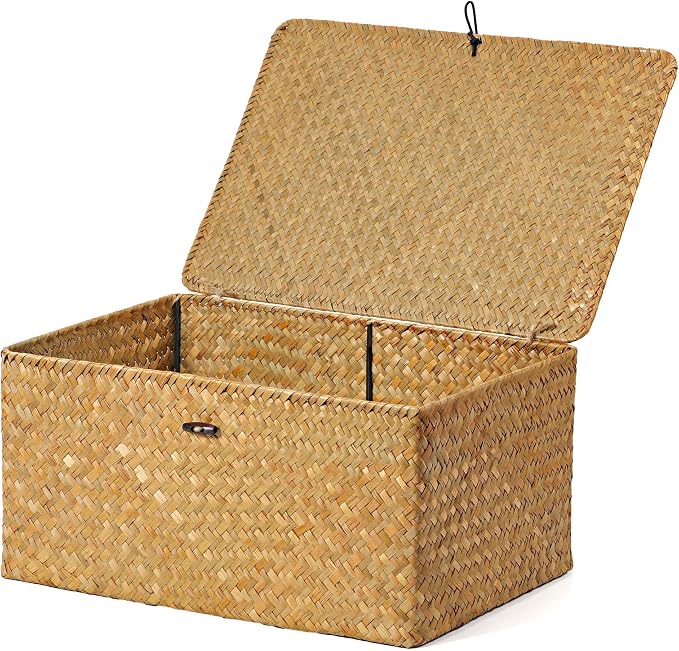 Nonam Seagrass Storage Large Basket with Lid,Wicker Basket Storage Bin with Lid for Shelves,Boho Decor,Handwoven Shelf Basket for Organizing-Storage Container Box for Home Organization-Natural