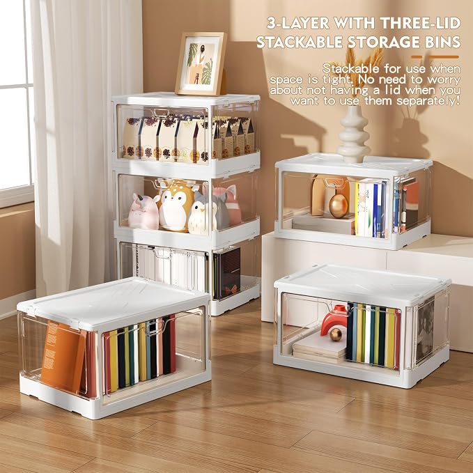 Kmiectse Clear Storage Bins with Lids 3 Pack 【Stackable & Sturdy】 | Plastic Multifunctional Folding Storage Bins for Bedroom, Living Room, Study,Room, 23 QT Folding Box with Magnetic Door