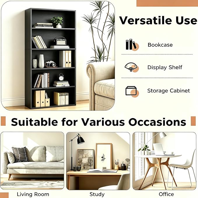 HealSmart 5 Tier Bookcase, Industrial 5 Book Shelf, 9.2" D x 23.8" W x 53" H Tall Open Cube Storage Organizer for Home Office, Living Room, Bedroom and Dinning Room, Black