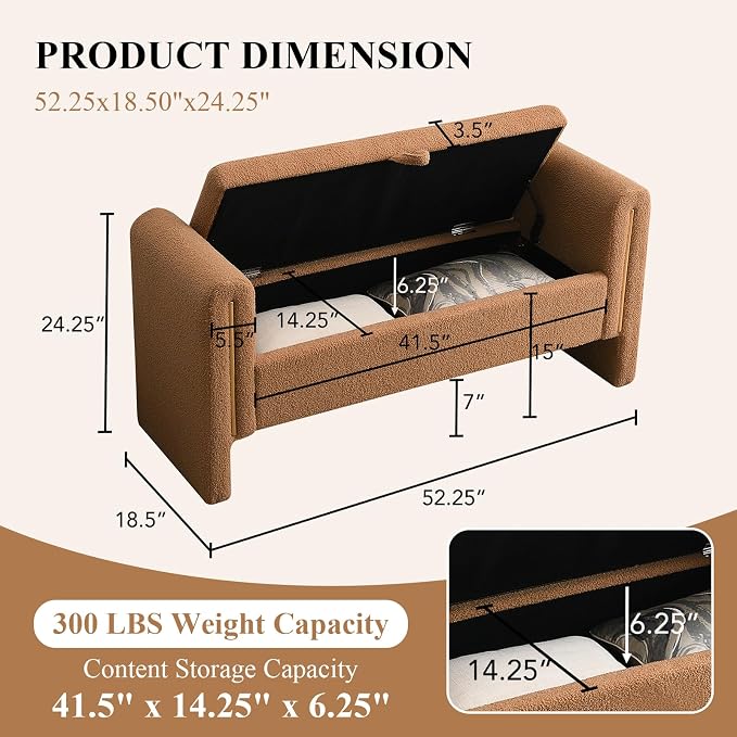 Storage Ottoman Bench, End of Bed Bench with Pull-Ring | 52" Teddy Upholstered, Window Bench with Armrest, Generous Storage, Safety Hinge, Holds 300 LBS, for Bedroom, Coffee