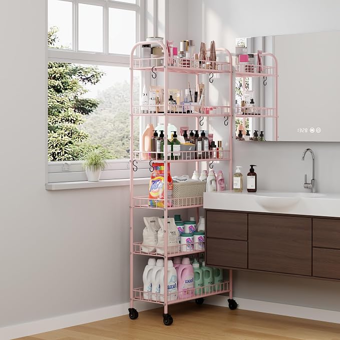 6 Tier Slim Rolling Storage Cart with Wheels, Metal Mobile Shelving Unit Organizer Utility Cart for Office Bathroom Kitchen Laundry Room Narrow Places (Pink 10 Inches)