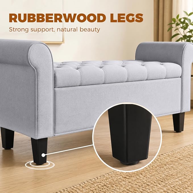 HOMCOM 47" Ottoman wih Storage End of Bed Bench with Rolled Arms Light Gray | Storage Chest, Safety Hinge, Wooden Legs, Upholstered End of Bed Bench, 528 lbs, Bedroom Entryway Living Room