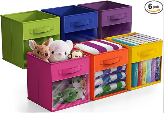 Sorbus 11 Inch Storage Bins with Clear Window - 6 Foldable Baskets for Organizing Clothes, Toys, Books - Sturdy Collapsible Fabric Storage Cubes with Handle - Storage Baskets for Shelves, Closets
