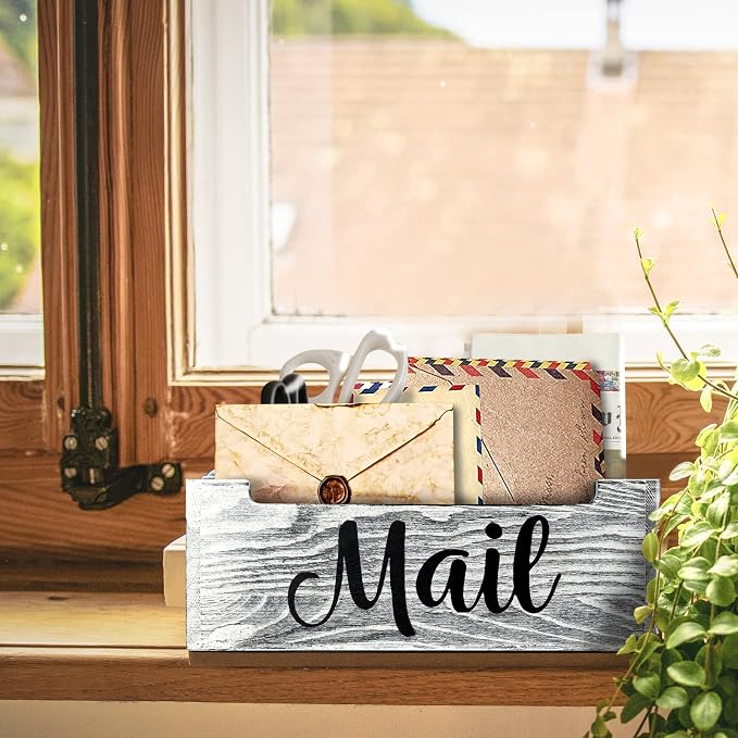 Wooden Mail Organizer Countertop | Grey Mail Holder for Wall | Rustic Desk Mail Sorter Basket Letter Holder for Home Office Entryway Decor