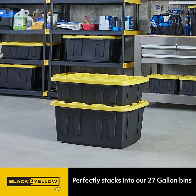 CX Heavy Duty 15-Gallon Stackable Plastic Storage Bins with Lids, 5 Pack | Storage totes for garage organization, Stackable containers, weather-resistant, snap lid, 9.5H x 20.6W x 30.6D, Black/Yellow